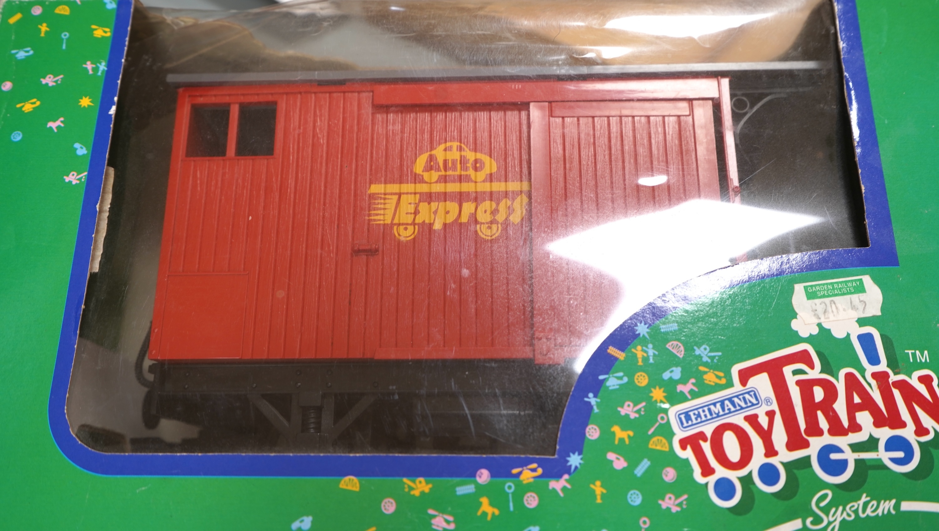 Four Lehmann and Bachmann G scale (45mm gauge) freight wagons; an unconstructed Bachmann Big Haulers G Kits 4-door Baggage Car (98910), an LGB 4-wheel coach in associated box, plus two others by Lehmann Toytrain in assoc